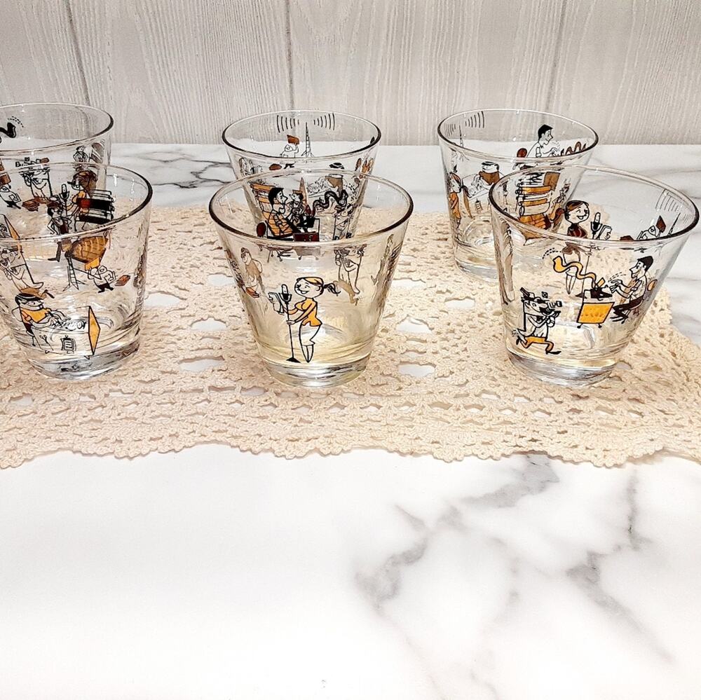 Mid Century modern Double drinking  Glasses  Set of 5 Pressroom Characters